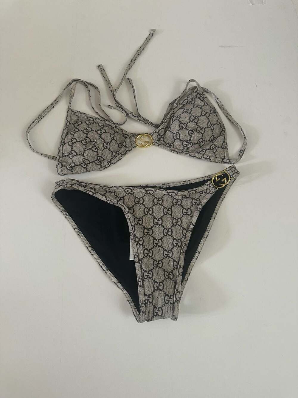 Gucci GG Logo Print Triangle Bikini Set in Beige/Ebony
